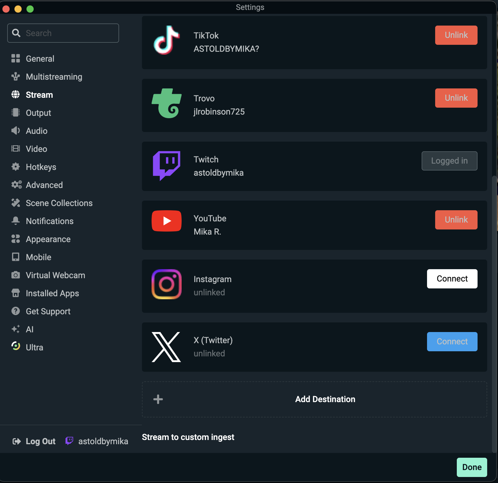 streamlabs desktop stream settings window